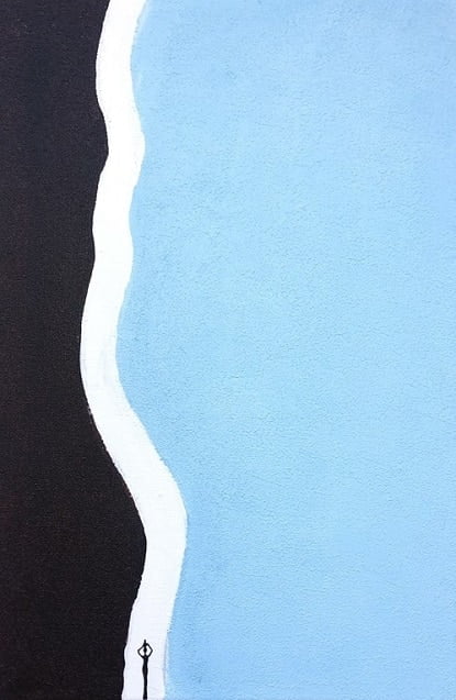 Cuadro pintado a mano de la artista Carmen D abstracto expresionista en el que está la gama de colores de azules, negros y blancos con una silueta en pequeño de una africana que está en el comienzo de un estrecho camino, orientado al cosmos y al universo, pintado con acrílicos liquitex y golden sobre lienzo de lino