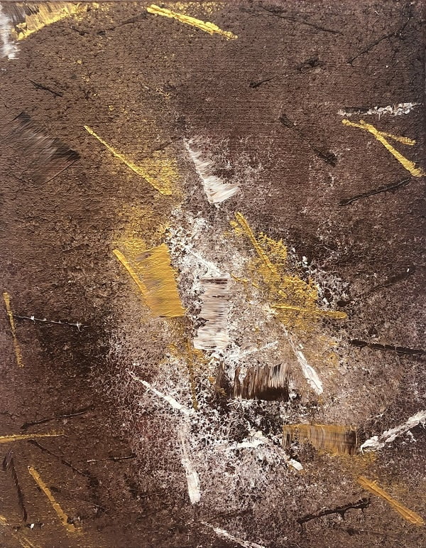 Cuadro pintado a mano de la artista Carmen D abstracto expresionista en el que está la gama de colores de blancos a negros y marrones pero dejando marcada una línea diagonal clara que recorre el cuadro,, representa nubes y el cosmos, pintado con acrílicos liquitex y golden sobre lienzo de lino
