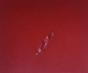 Cuadro pintado a mano de la artista Carmen D abstracto expresionista en el que está la gama de colores de rojos cadmio, con una línea de fuerza en el medio, pintado con acrílicos liquitex y golden sobre lienzo de lino, última parte
